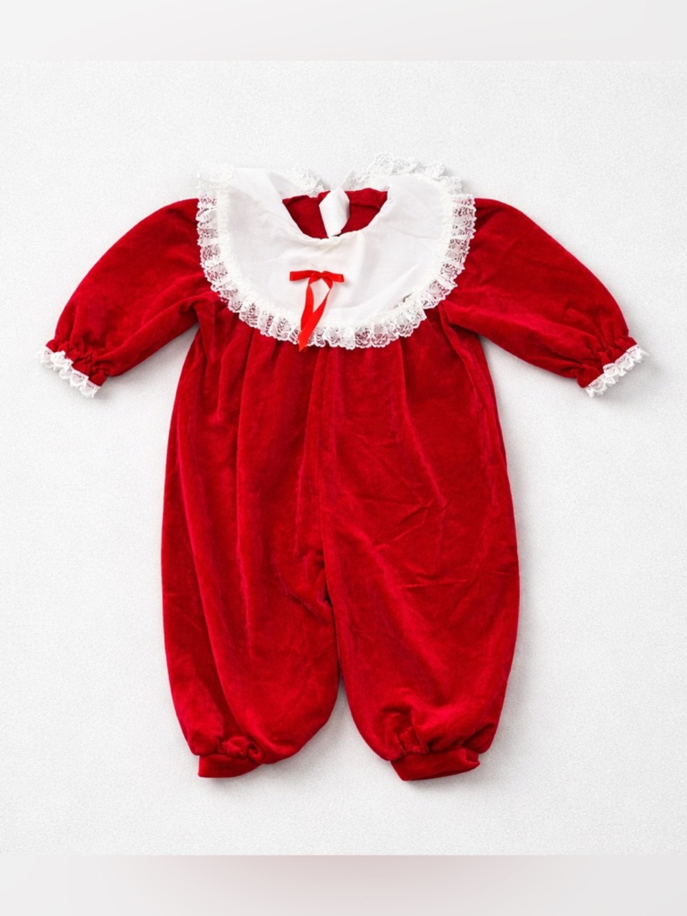Vintage Sears Red Velvet Baby One-Piece with White Lace Collar | Christmas
